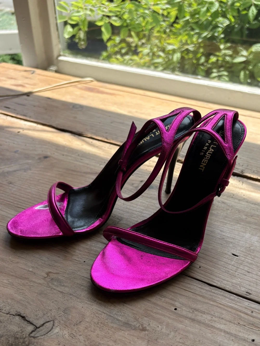Saint Laurent Metallic Fuchsia Ankle-Strap Stiletto Sandals - Picture 5 of 13